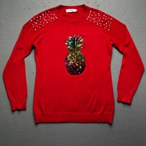 in2you Red Pineapple Sequin Pearl‎ Embellished Long Sleeve Sweater Top Size L